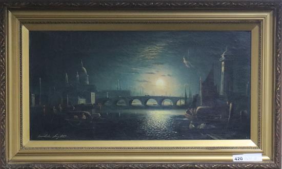 Smythe, oil on canvas, moonlit river landscape, 30 x 61cm